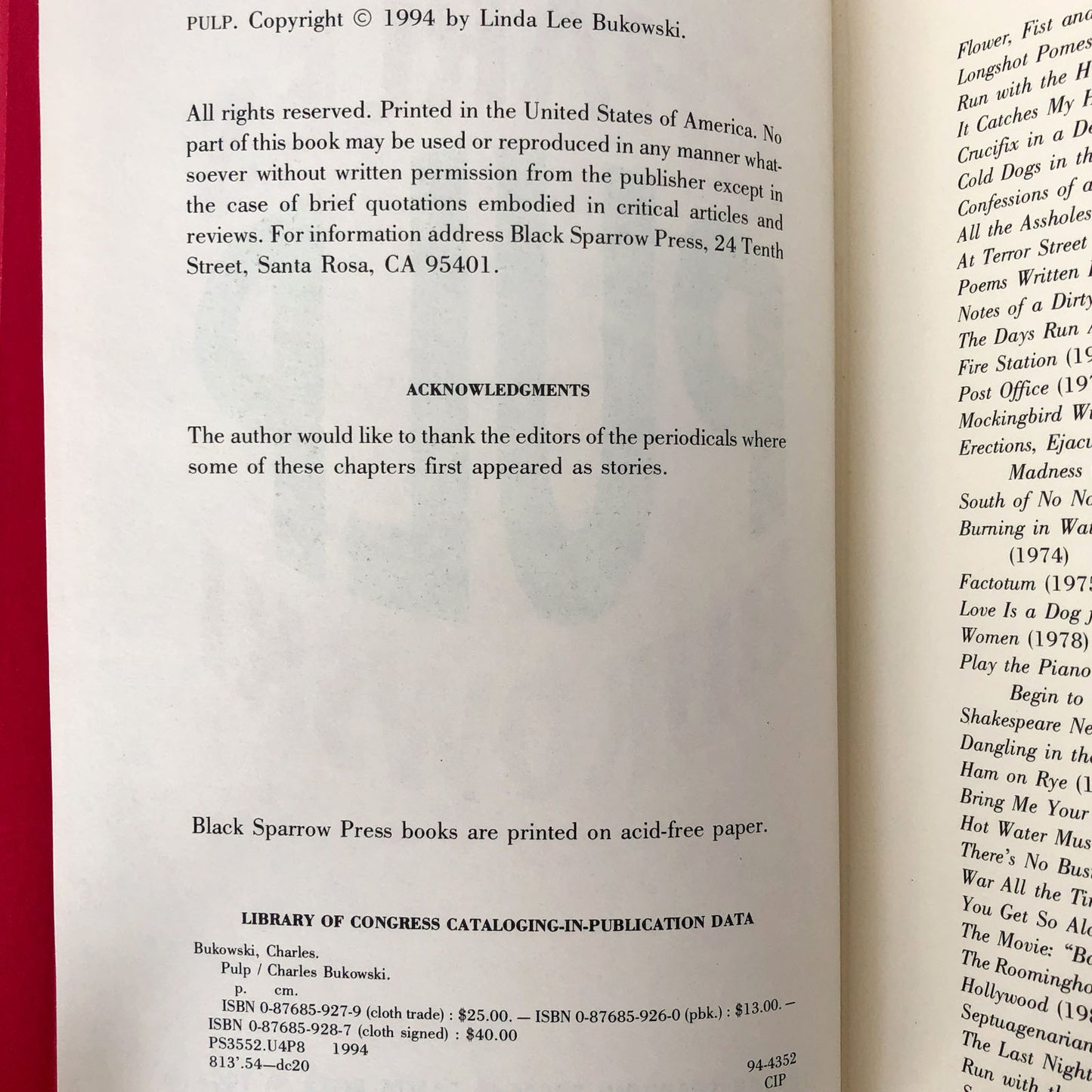 Pulp by Charles Bukowski [FIRST EDITION • FIRST PRINTING] Hardcover • 1994 • Black Sparrow Press