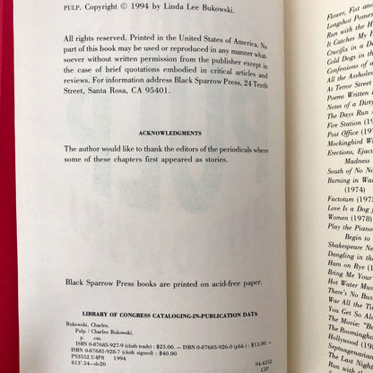 Pulp by Charles Bukowski [FIRST EDITION • FIRST PRINTING] Hardcover • 1994 • Black Sparrow Press