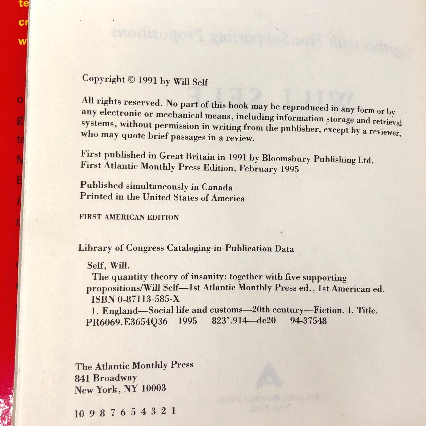 The Quantity Theory of Insanity by Will Self [U.S. FIRST EDITION • FIRST PRINTING] 1995