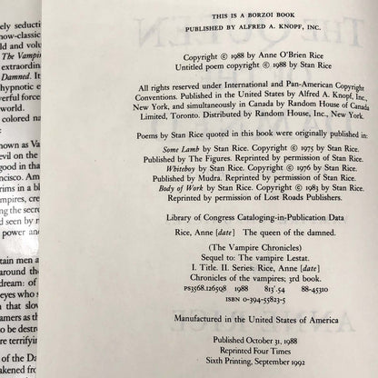 The Queen of the Damned by Anne Rice [FIRST EDITION] 6th Print  ❧ 1992