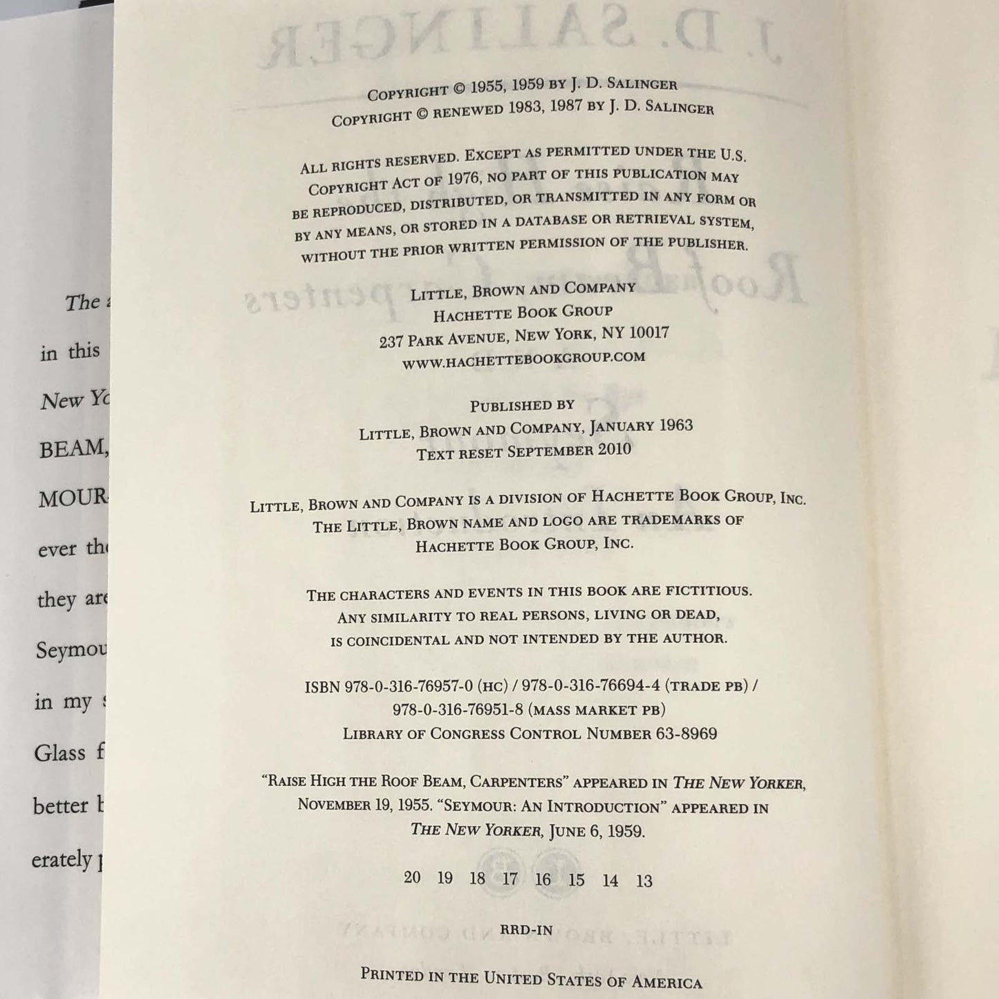 Raise High the Roof Beam, Carpenters & Seymour: An Introduction by J.D. Salinger [HARDCOVER RE-PRINT] 2010 • Little Brown