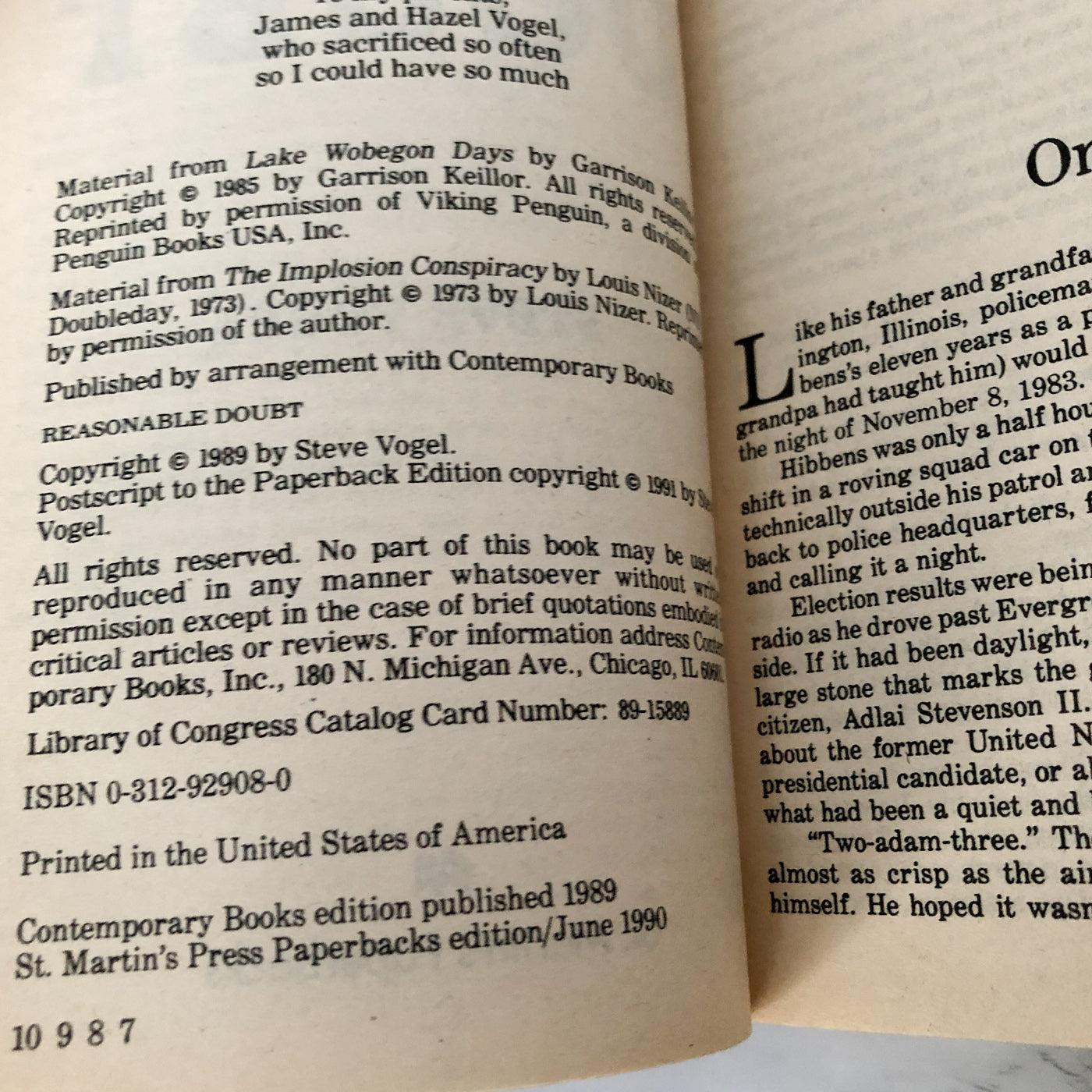 Reasonable Doubt by Steve Vogel [1990 PAPERBACK]