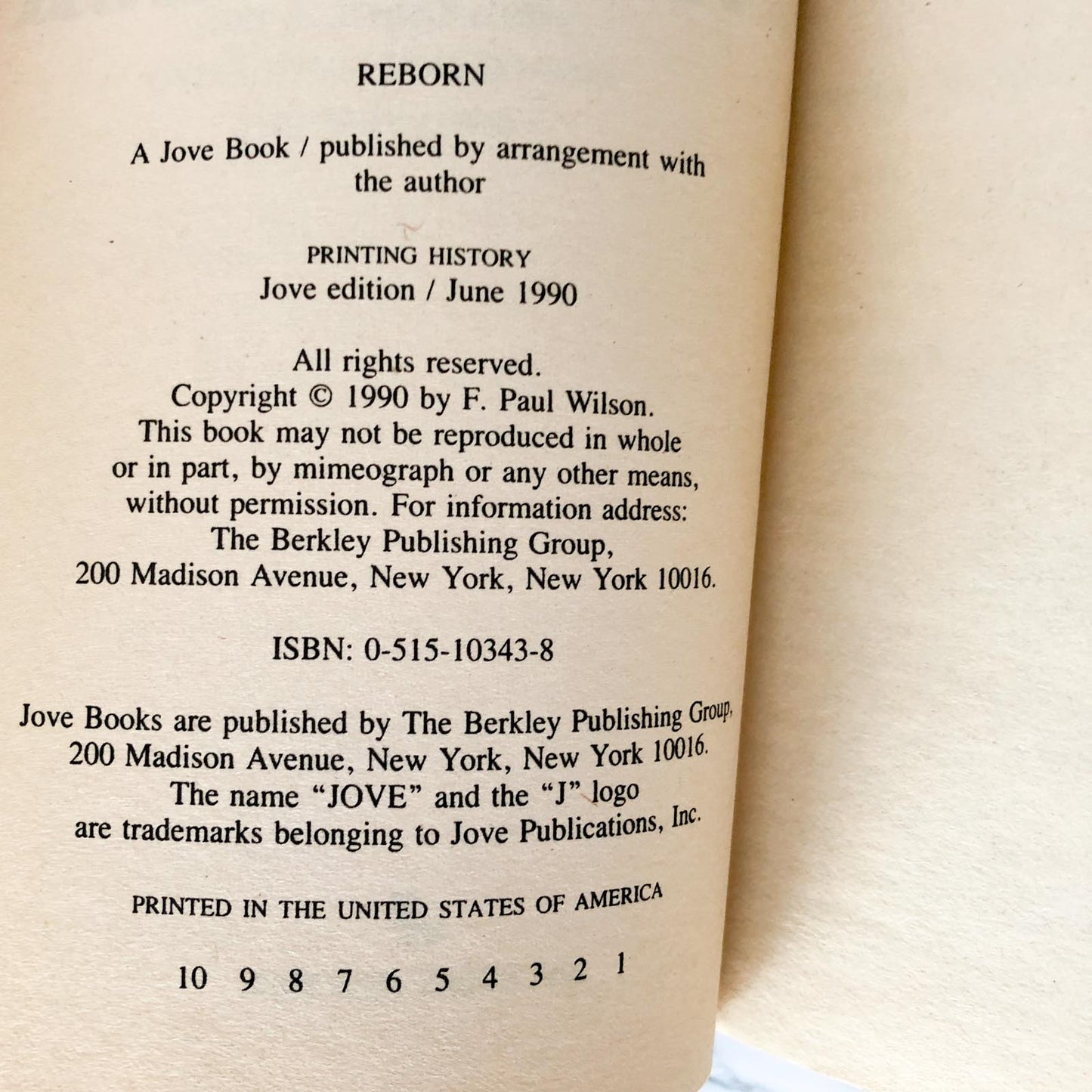 Reborn by F. Paul Wilson [FIRST PAPERBACK PRINTING / 1990]