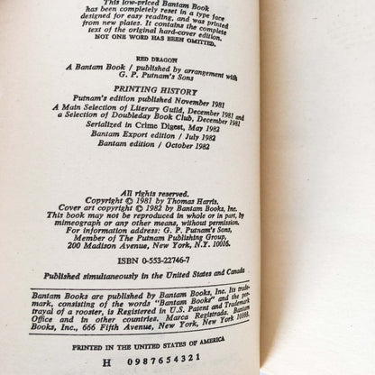 Red Dragon by Thomas Harris [FIRST PAPERBACK PRINTING / 1982]