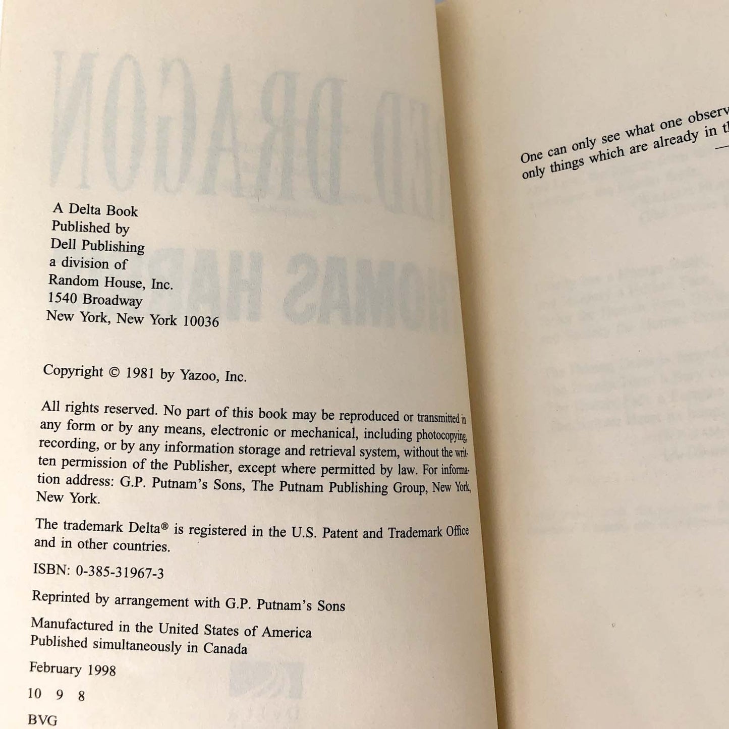 Red Dragon by Thomas Harris [TRADE PAPERBACK] 1998 • Delta • Hannibal #1