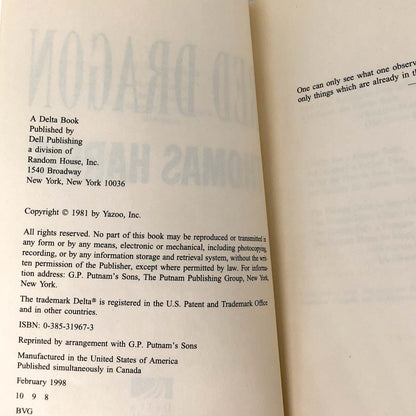 Red Dragon by Thomas Harris [TRADE PAPERBACK] 1998 • Delta • Hannibal #1