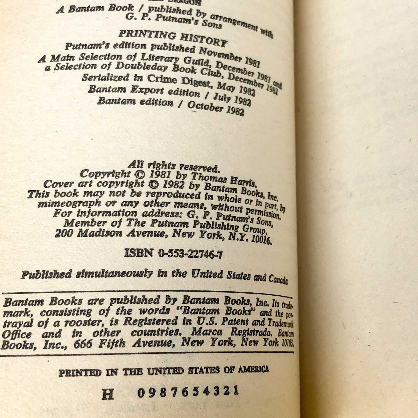 Red Dragon by Thomas Harris [FIRST PAPERBACK PRINTING] 1982 • Red Variant • Bantam
