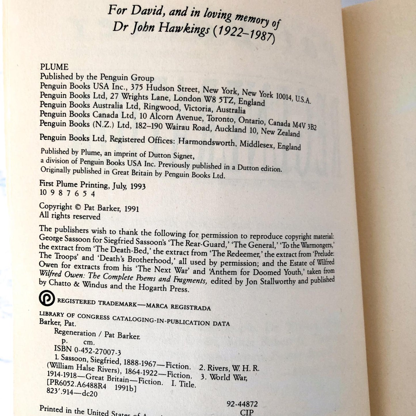 Regeneration by Pat Barker [FIRST U.S. PAPERBACK EDITION / 1993]