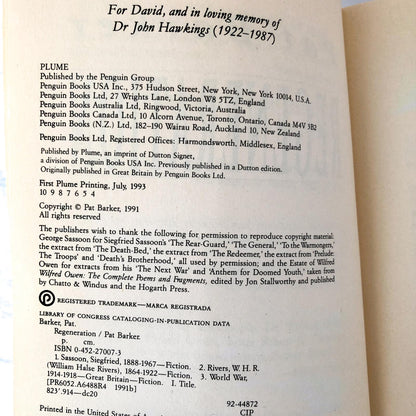 Regeneration by Pat Barker [FIRST U.S. PAPERBACK EDITION / 1993]