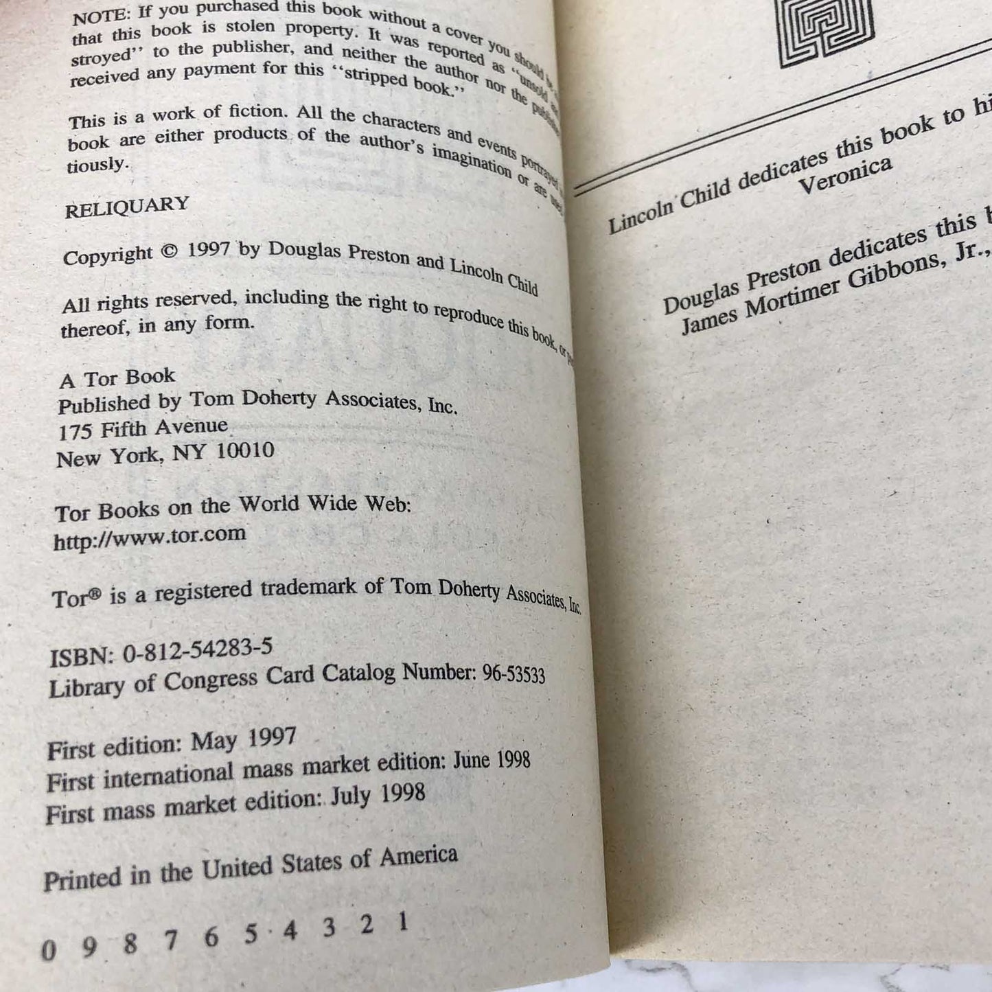 Reliquary by Douglas Preston & Lincoln Child [FIRST PAPERBACK PRINTING] 1998