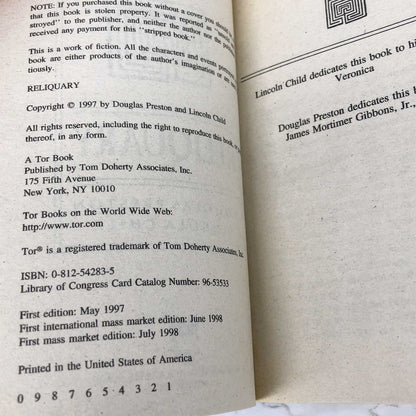 Reliquary by Douglas Preston & Lincoln Child [FIRST PAPERBACK PRINTING] 1998