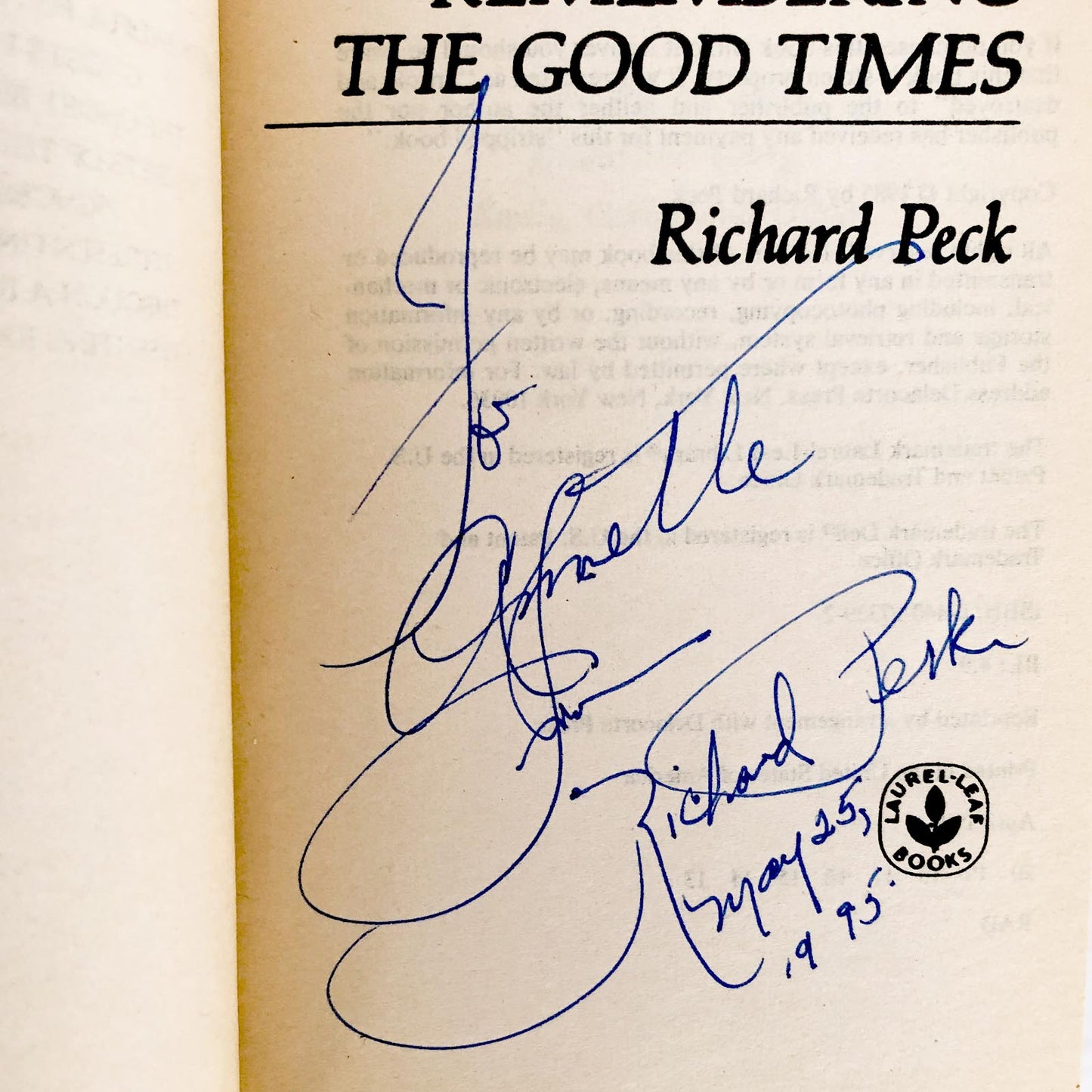 Remembering the Good Times by Richard Peck SIGNED! [FIRST EDITION PAPERBACK] 1986