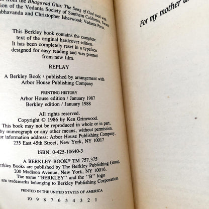 Replay by Ken Grimwood [FIRST PAPERBACK PRINTING / 1988]