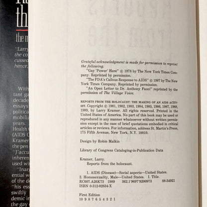 Reports From The Holocaust: The Making of an AIDS Activist by Larry Kramer [FIRST PRINTING / 1987] - Bookshop Apocalypse