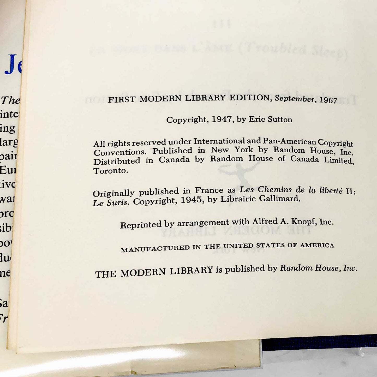 The Reprieve by Jean-Paul Sartre [1967 HARDCOVER] The Modern Library