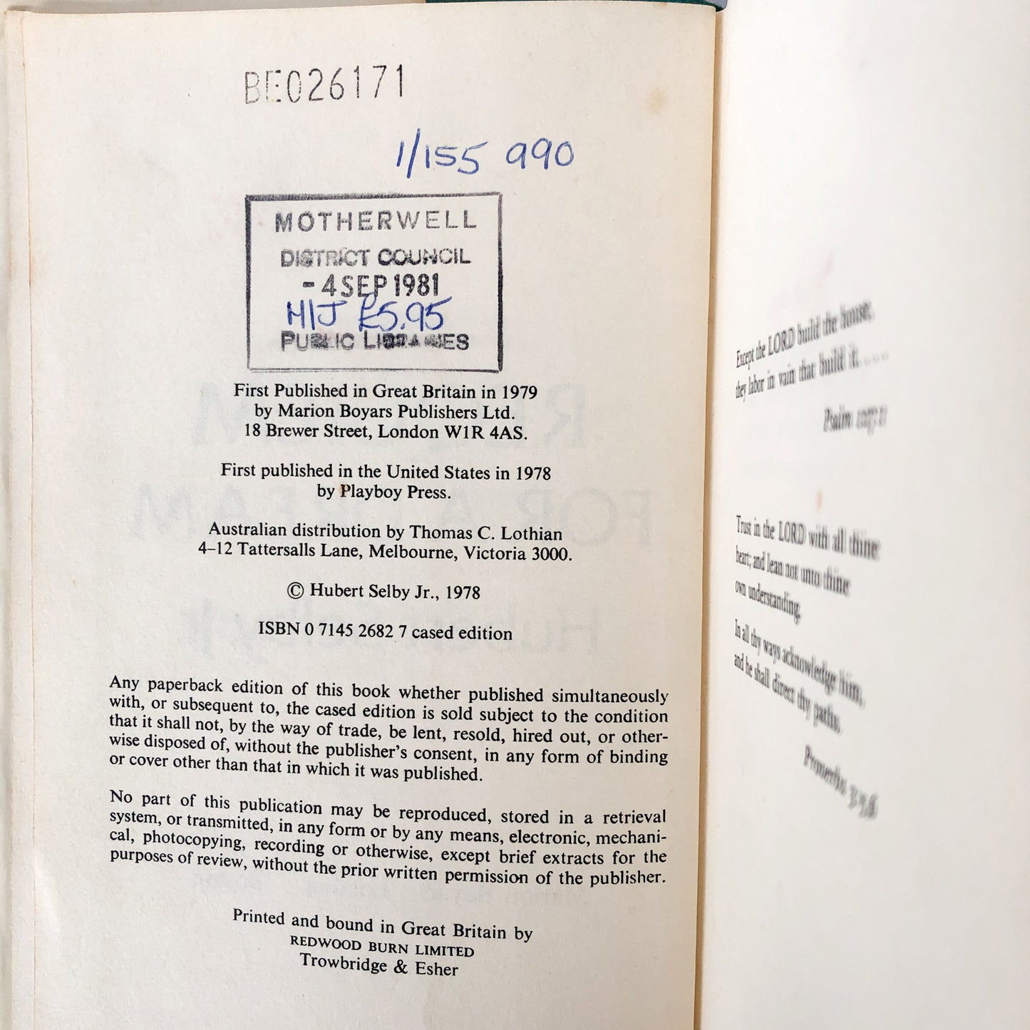 Requiem For a Dream by Hubert Selby Jr. [U.K. FIRST EDITION / 1979] Marion Boyars
