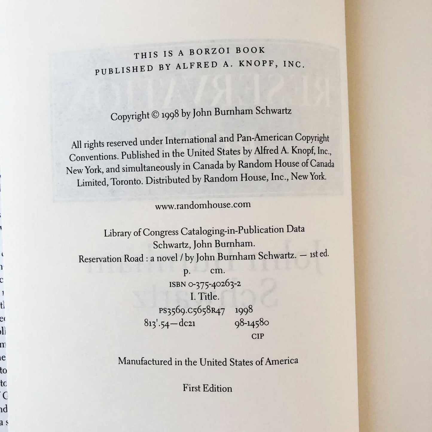 Reservation Road by John Burnham Schwartz [FIRST EDITION / FIRST PRINTING] 1998