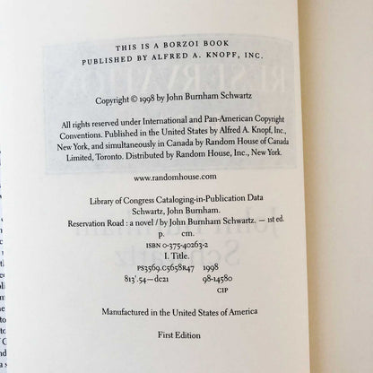 Reservation Road by John Burnham Schwartz [FIRST EDITION / FIRST PRINTING] 1998