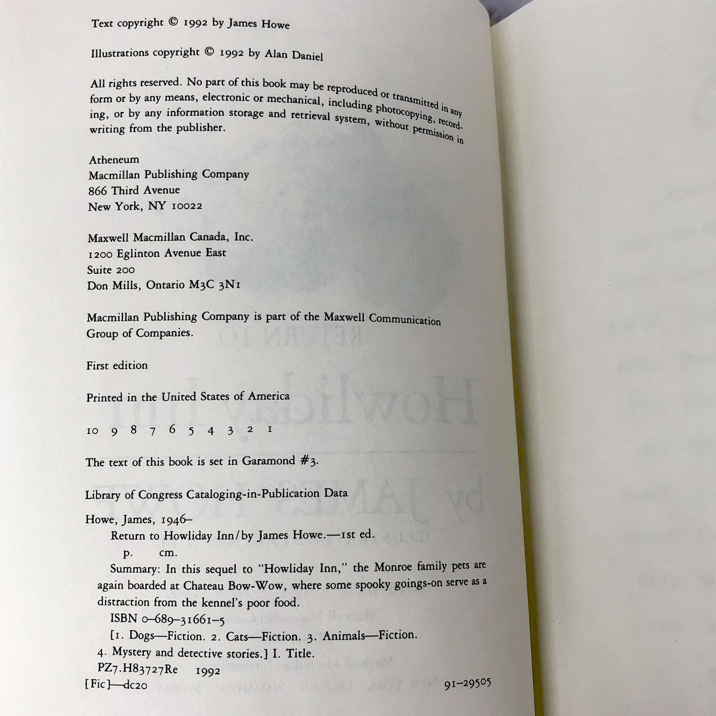 Return to Howliday Inn by James Howe [FIRST EDITION • FIRST PRINTING] 1992 • Atheneum