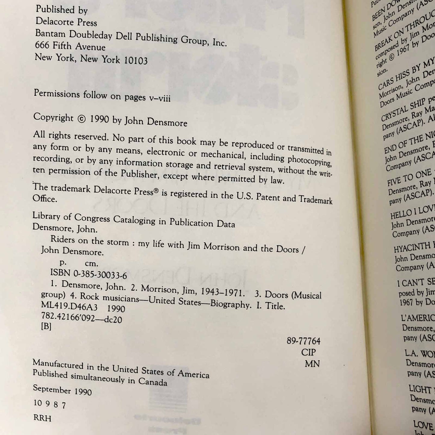 Riders on the Storm: My Life with Jim Morrison and the Doors by John Densmore [FIRST EDITION] 1990