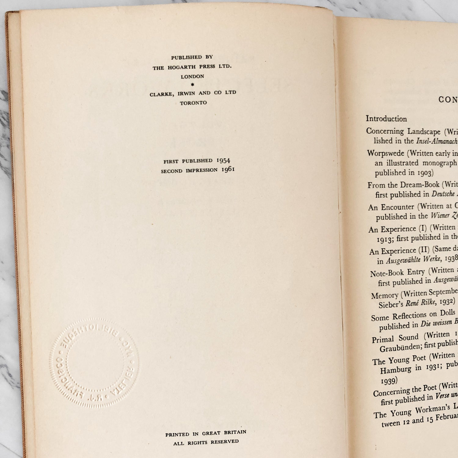 Selected Works Vol. 1: Prose by Rainer Maria Rilke [UK FIRST EDITION / 1961] - Bookshop Apocalypse