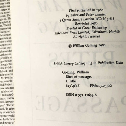 Rites of Passage by William Golding [U.K. FIRST EDITION] 1980