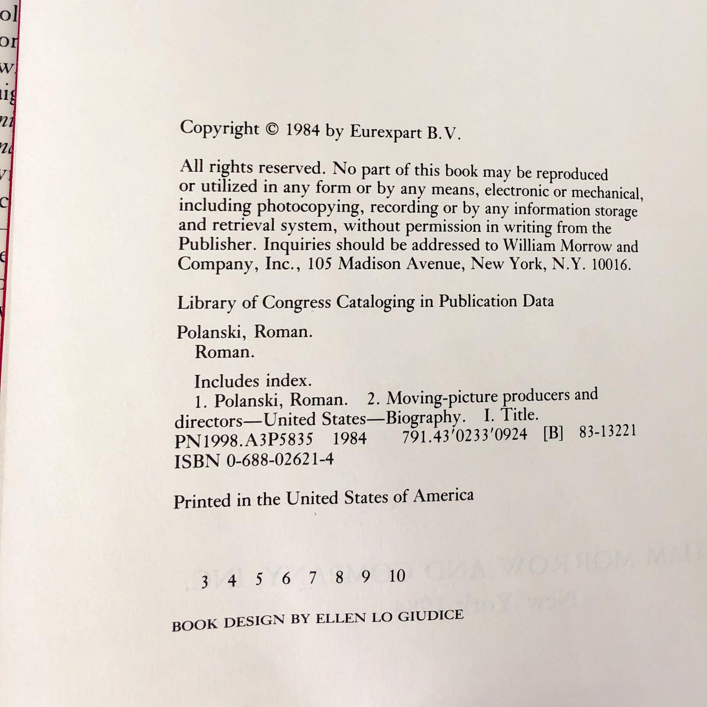 Roman by Roman Polanski [FIRST EDITION] 1984