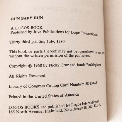 Run Baby Run by Nicky Cruz [1980 PAPERBACK]