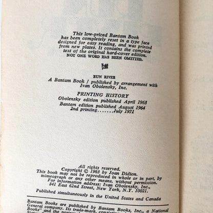Run River by Joan Didion [1971 PAPERBACK] MEGA RARE Bantam Printing