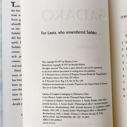 Sadako and the Thousand Paper Cranes by Eleanor Coerr [2nd EDITION HARDCOVER] 1977 • G.P. Putnam's Sons