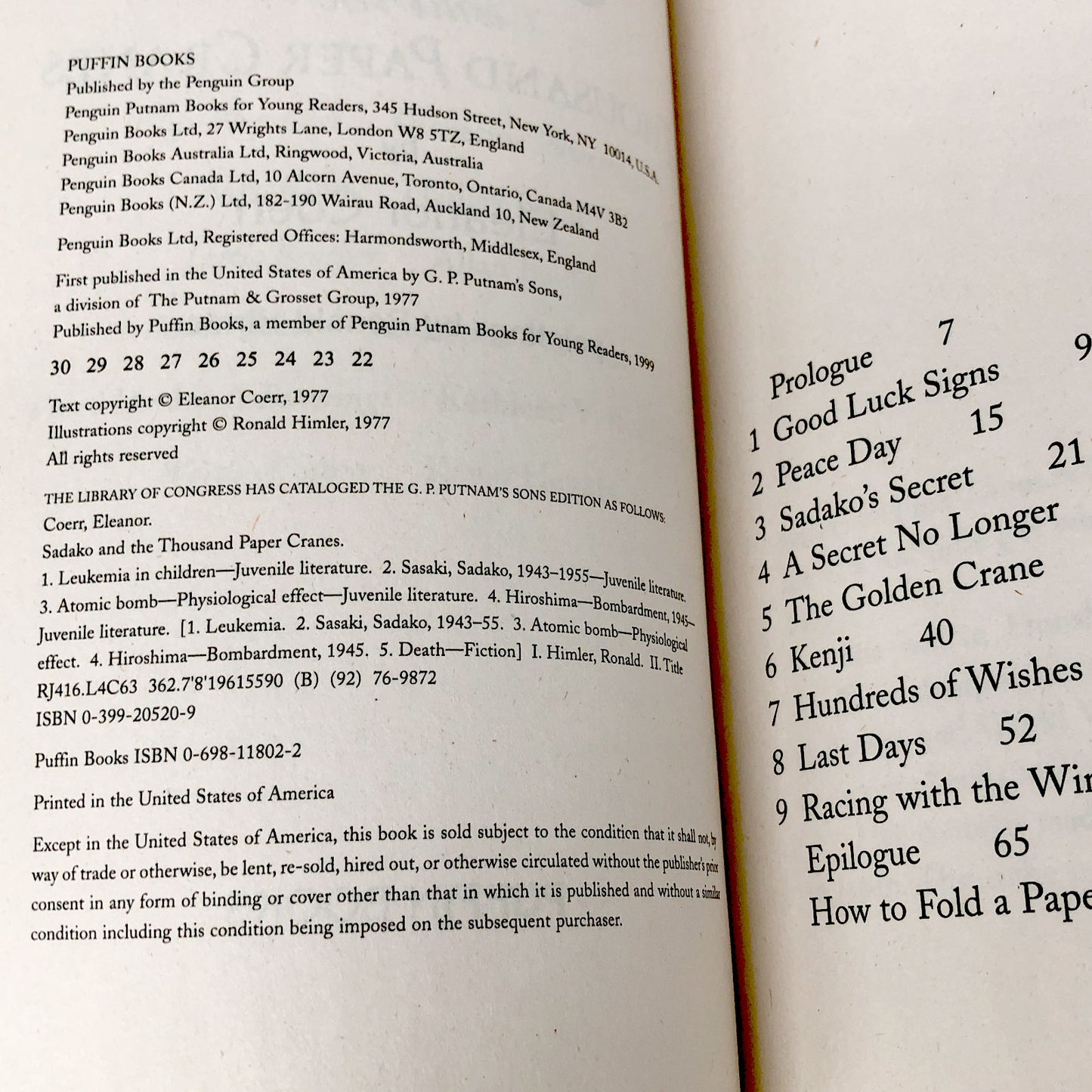 Sadako and the Thousand Paper Cranes by Eleanor Coerr [TRADE PAPERBACK] 1992 • Puffin