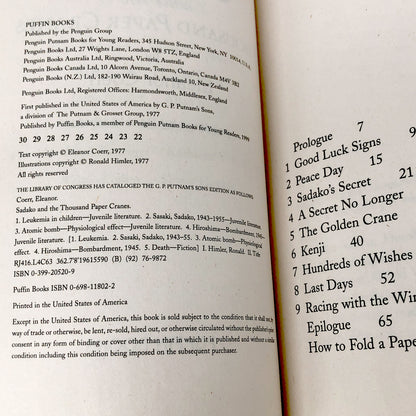 Sadako and the Thousand Paper Cranes by Eleanor Coerr [TRADE PAPERBACK] 1992 • Puffin