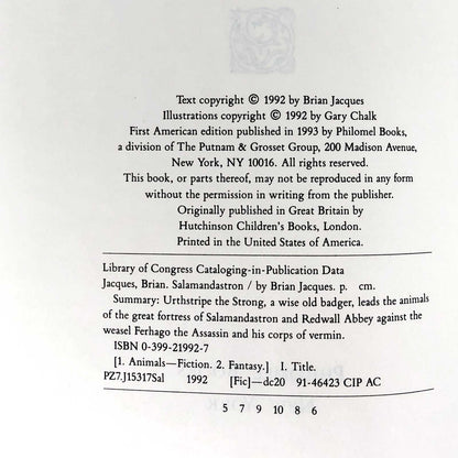 Salamandastron by Brian Jacques SIGNED! [FIRST EDITION] 1993 ❧ Redwall #5