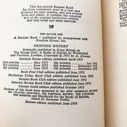 The Savage God: A Study of Suicide by Al Álvarez [1973 PAPERBACK]