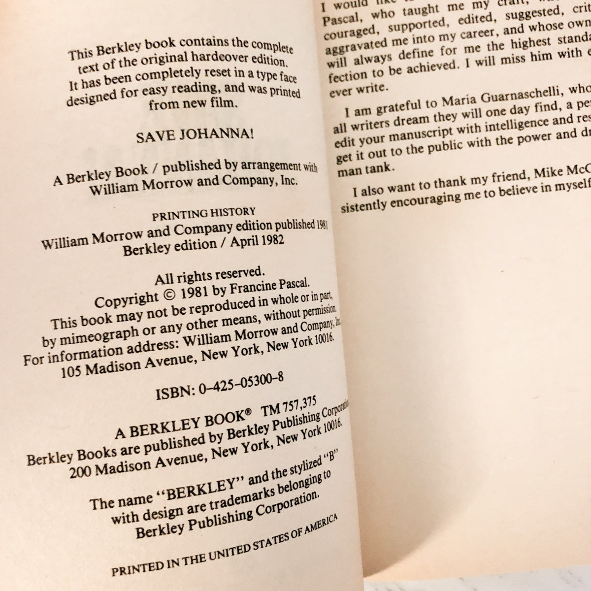 Save Johanna! by Francine Pascal [1982 PAPERBACK] - Bookshop Apocalypse