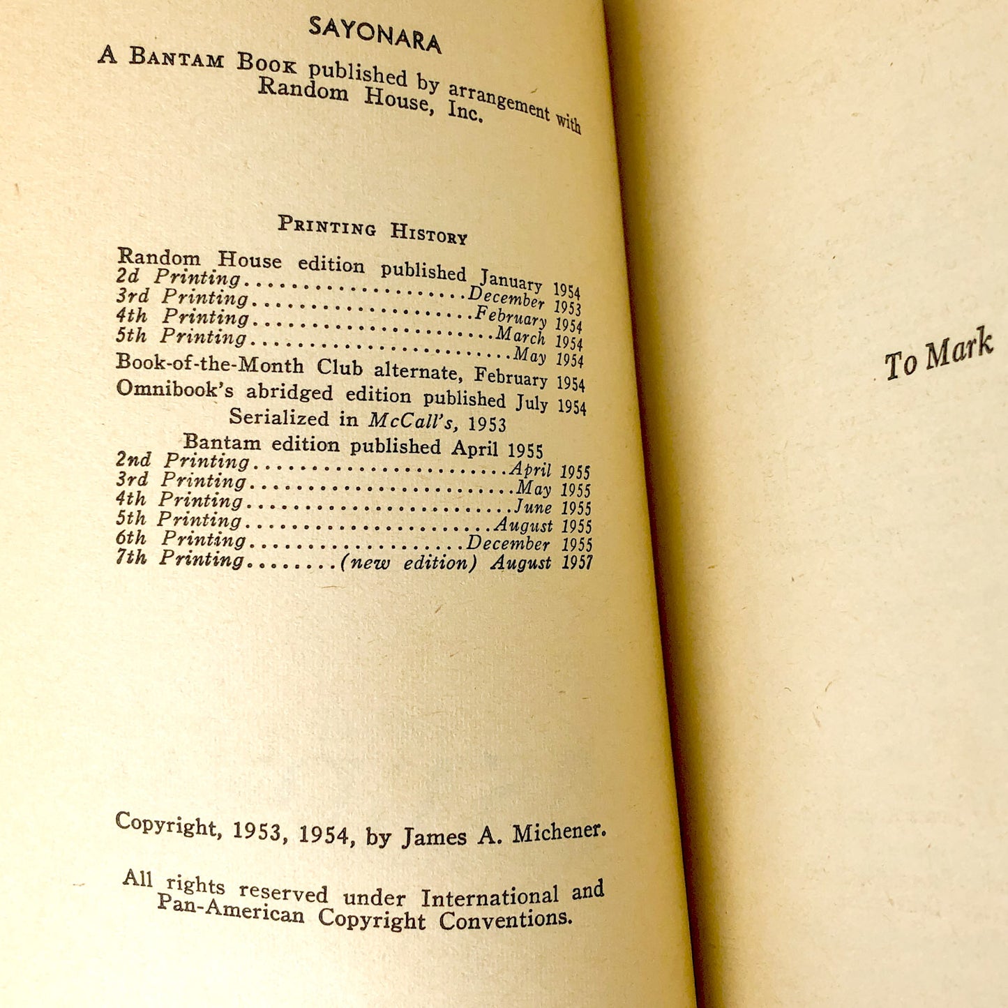 Sayonara by James A. Michener [1957 PAPERBACK]