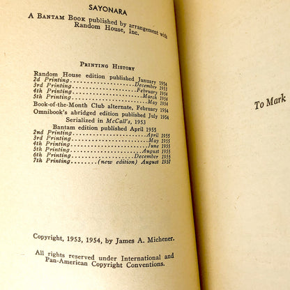 Sayonara by James A. Michener [1957 PAPERBACK]