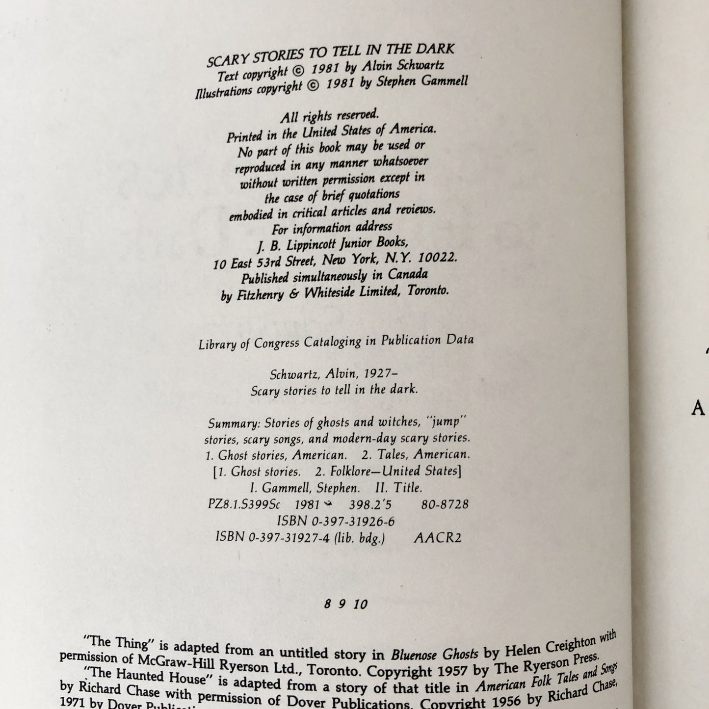 Scary Stories To Tell in the Dark by Alvin Schwarz [RARE TRUE FIRST EDITION] 1981 J.B. Lippincott / Hardcover