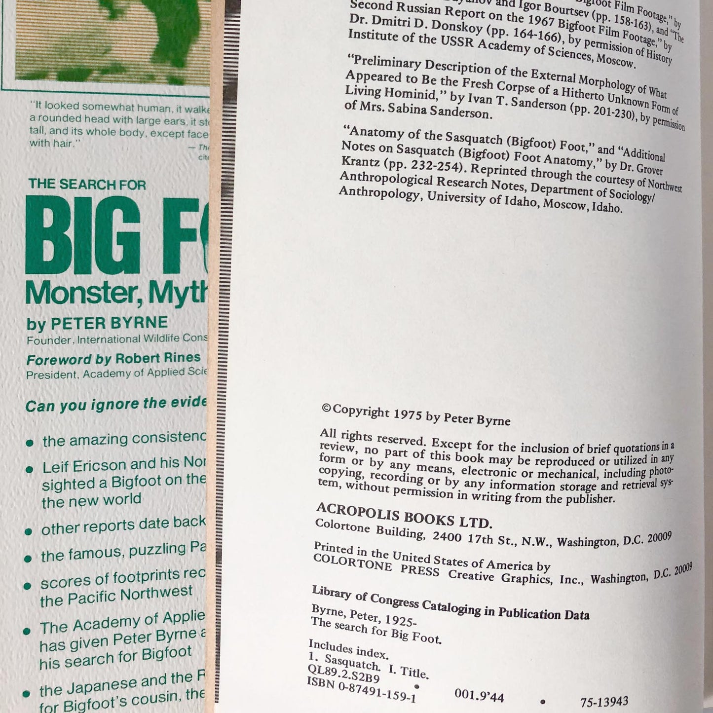 The Search for Big Foot: Monster, Man or Myth? by Peter Byrne [FIRST EDITION / 1975]