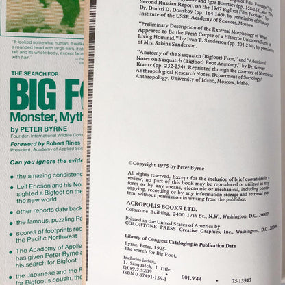 The Search for Big Foot: Monster, Man or Myth? by Peter Byrne [FIRST EDITION / 1975]
