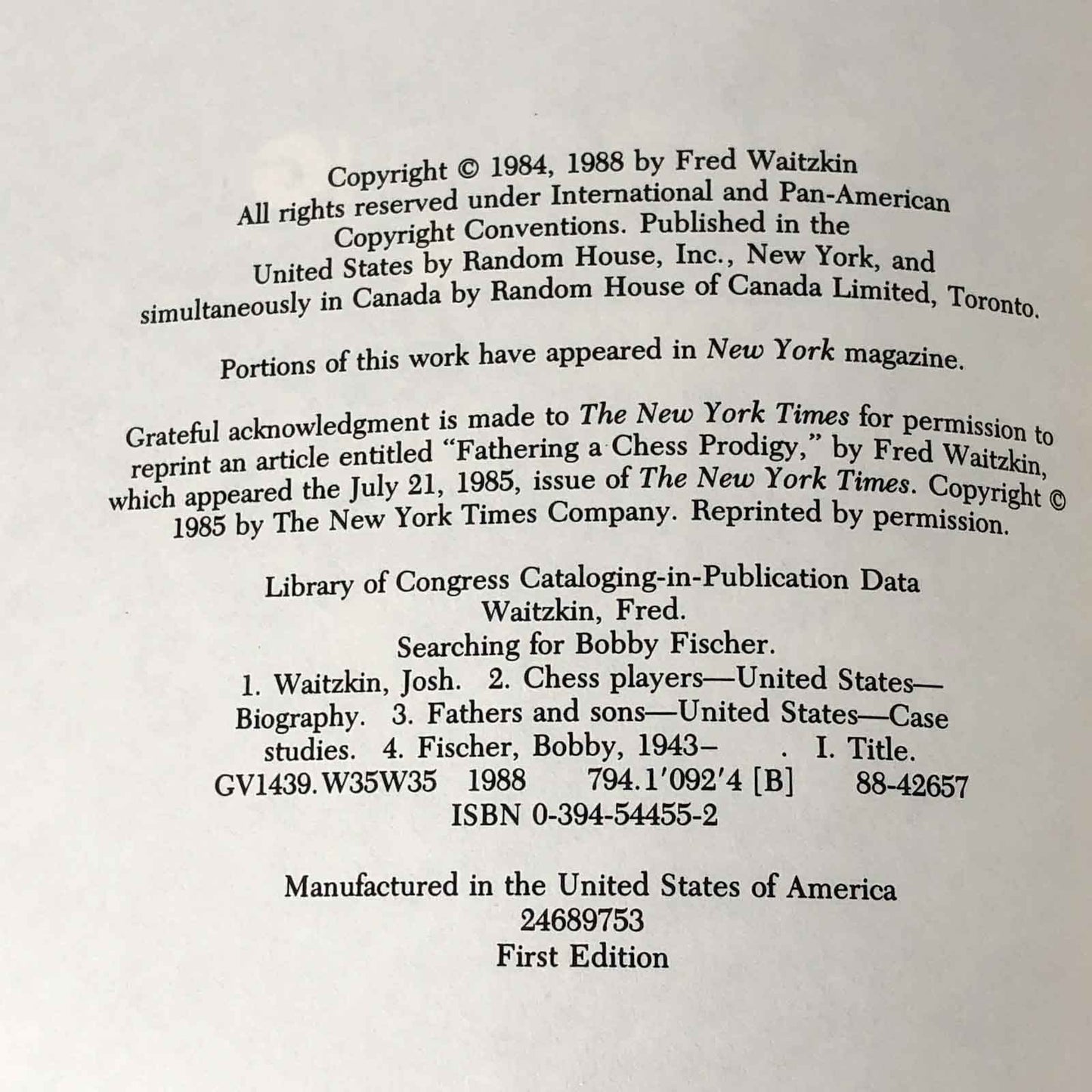 Searching for Bobby Fischer by Fred Waitzkin [FIRST EDITION] 1988