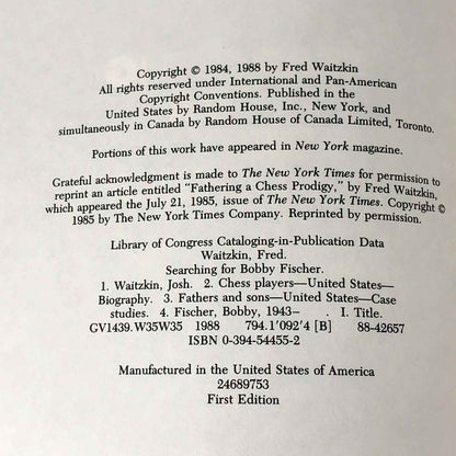 Searching for Bobby Fischer by Fred Waitzkin [FIRST EDITION] 1988