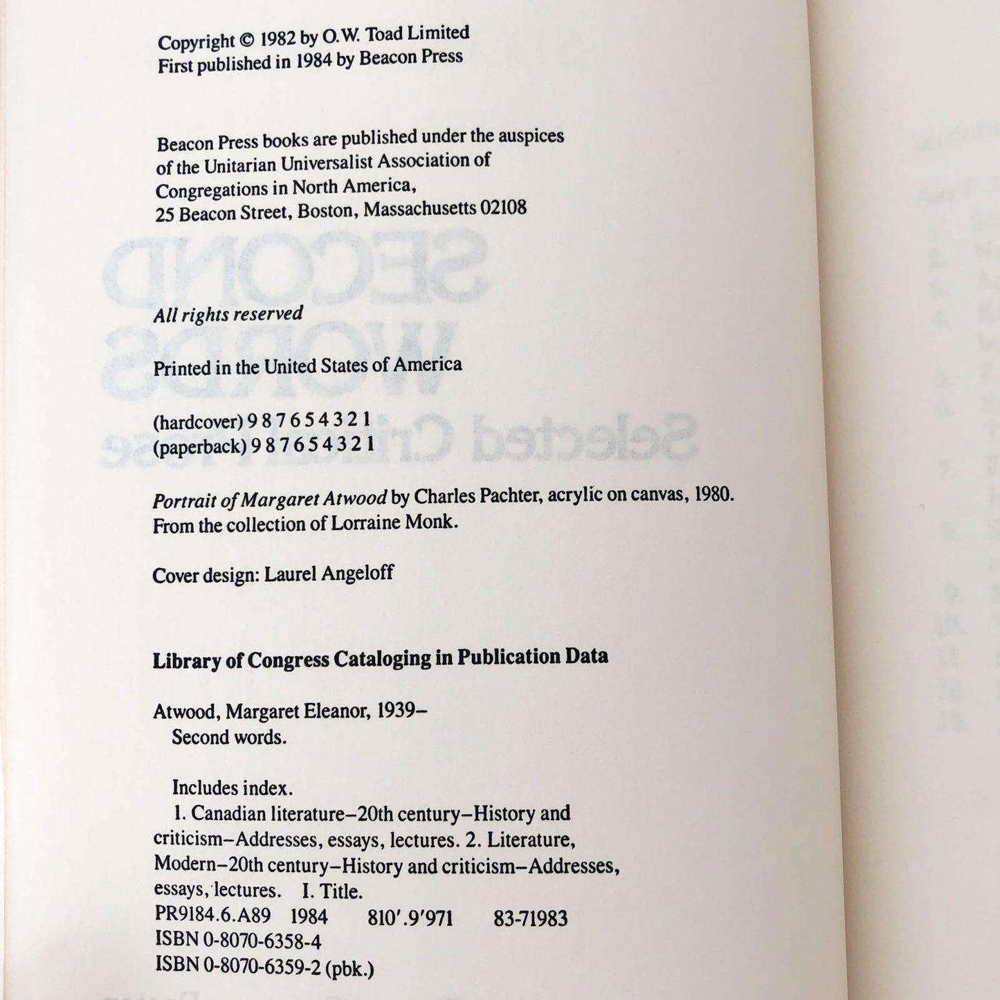 Second Words: Selected Critical Prose by Margaret Atwood [FIRST PAPERBACK PRINTING / 1984]