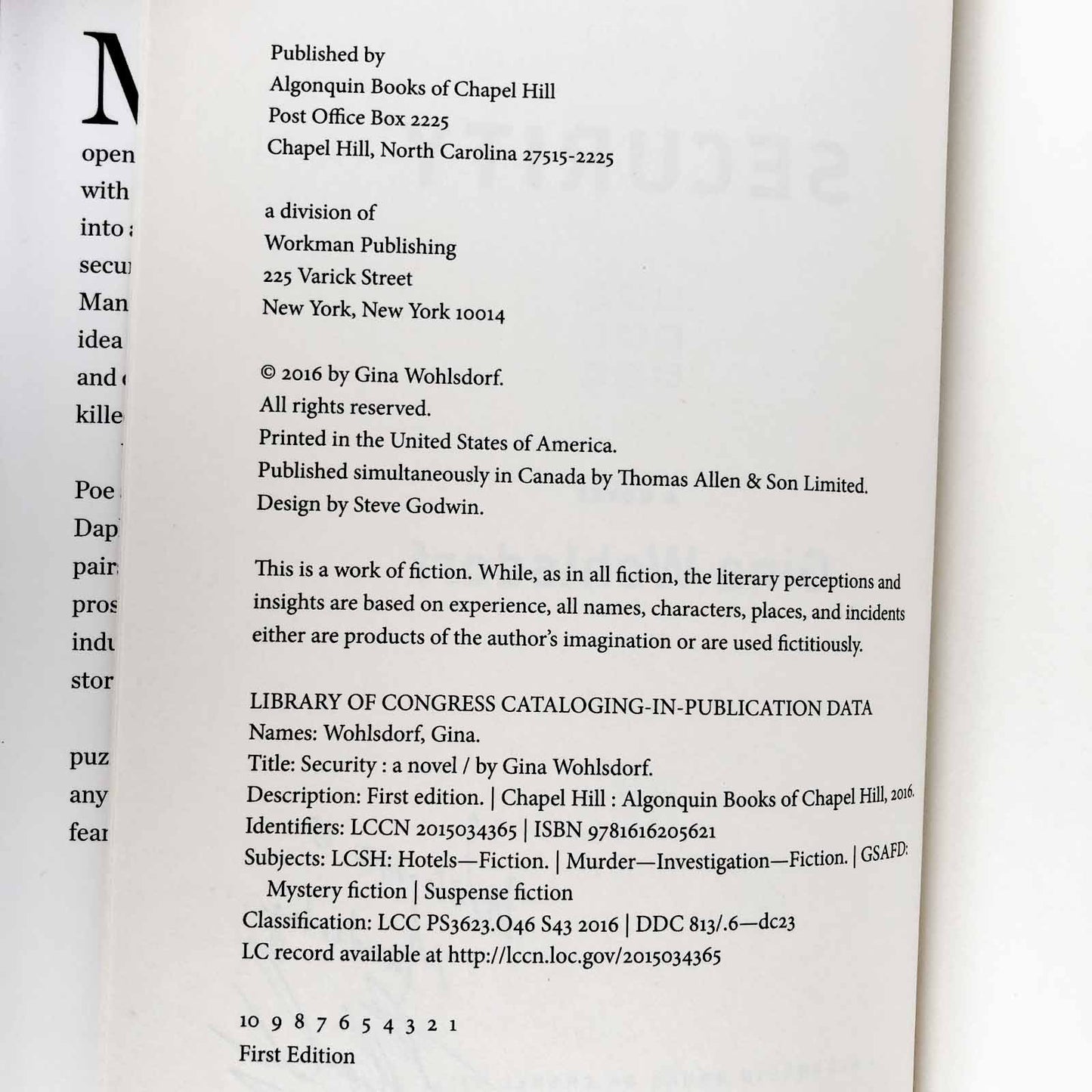 Security by Gina Wohlsdorf SIGNED! [FIRST EDITION / FIRST PRINTING] 2016