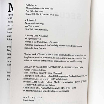 Security by Gina Wohlsdorf SIGNED! [FIRST EDITION / FIRST PRINTING] 2016