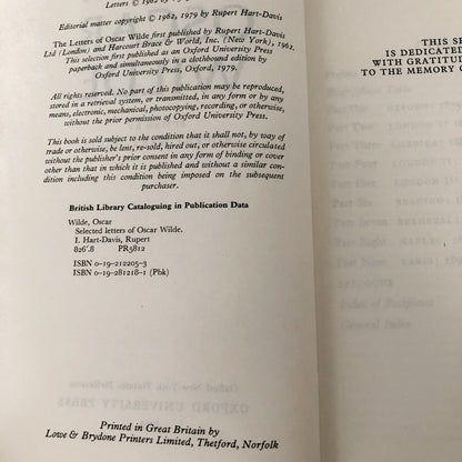 Selected Letters of Oscar Wilde [U.K. TRADE PAPERBACK / 1979]