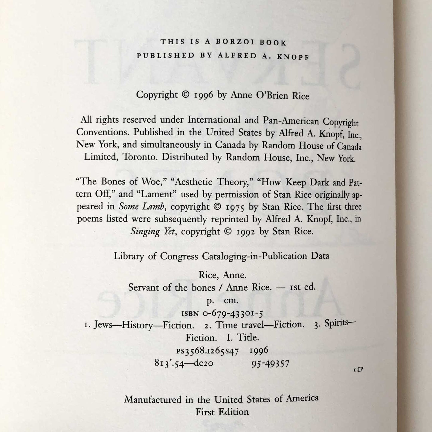 Servant of the Bones by Anne Rice [FIRST EDITION / FIRST PRINTING] 1996