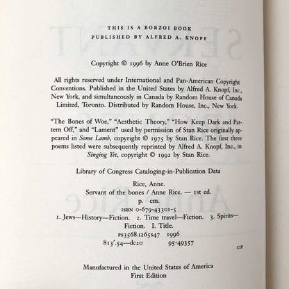 Servant of the Bones by Anne Rice [FIRST EDITION / FIRST PRINTING] 1996