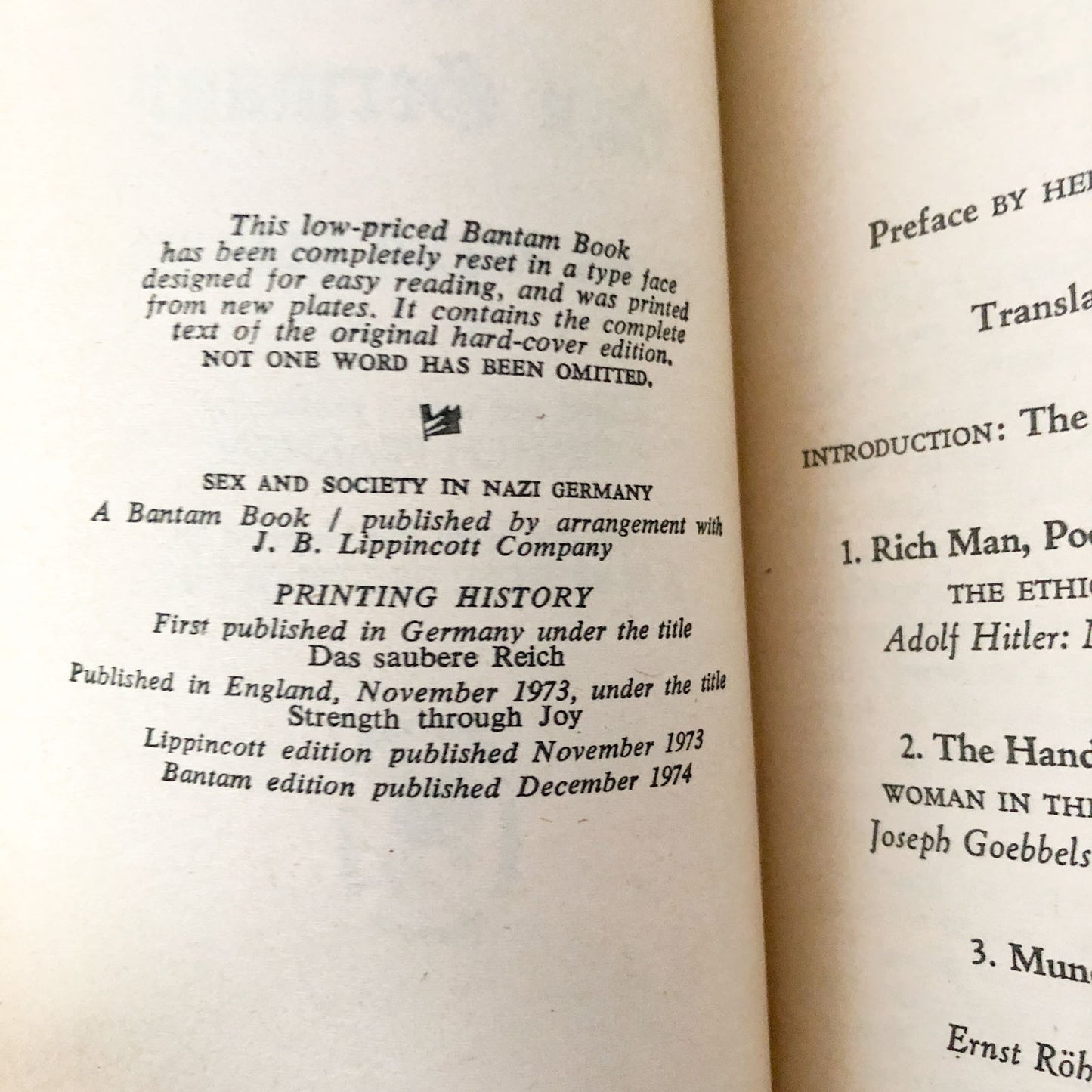 Sex and Society In Nazi Germany by Hans Peter Bleuel [VINTAGE PAPERBACK] 1974 • Bantam