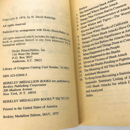 Shark Attack: True Tales of Shark Attacks on Man by H. David Baldridge [FIRST PAPERBACK PRINTING] 1975 • Berkley
